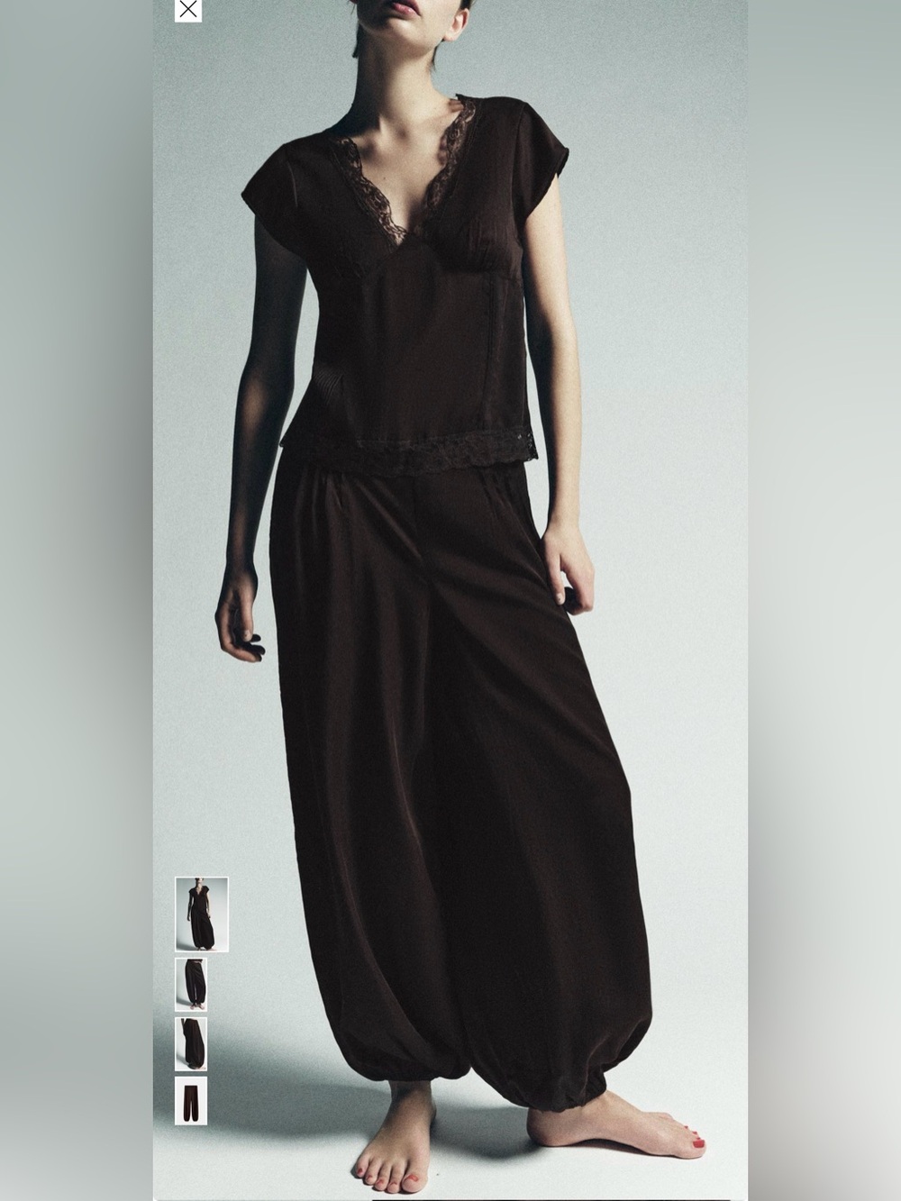 Zara Brown Wide-Leg Modal Harem Pants lace sided